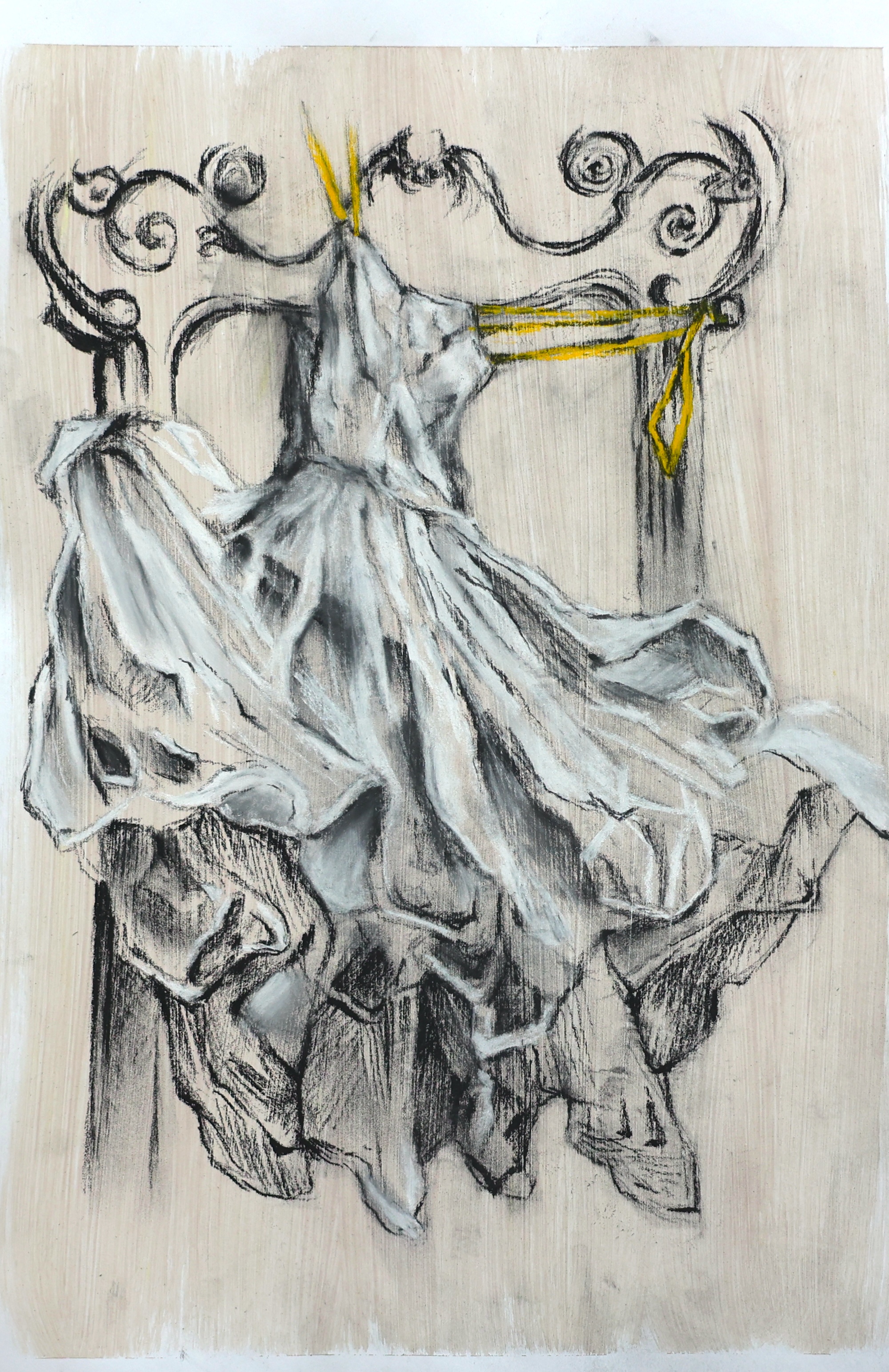 Mixed media drawing of a dress draped over an ornate chair